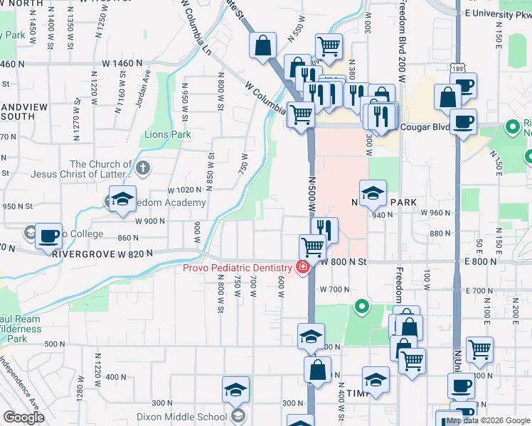 map of restaurants, bars, coffee shops, grocery stores, and more near 667 W 980 N in Provo