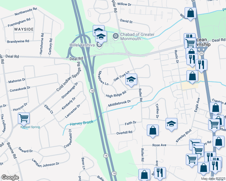 map of restaurants, bars, coffee shops, grocery stores, and more near 7 Meadows Lane in Monmouth County