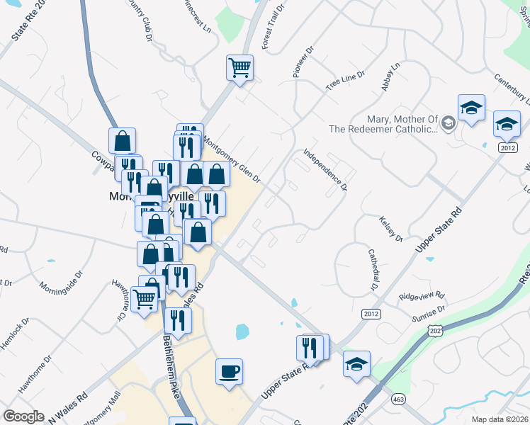 map of restaurants, bars, coffee shops, grocery stores, and more near 302 Hopkins Court in North Wales