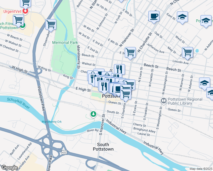 map of restaurants, bars, coffee shops, grocery stores, and more near 146 King Street in Pottstown