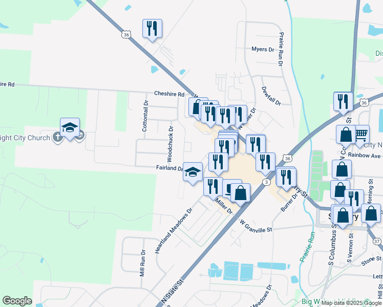map of restaurants, bars, coffee shops, grocery stores, and more near 2199 Rushmore Lane in Sunbury