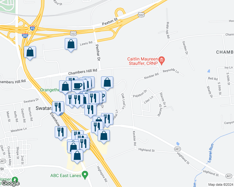 map of restaurants, bars, coffee shops, grocery stores, and more near 753 Winding Lane in Harrisburg