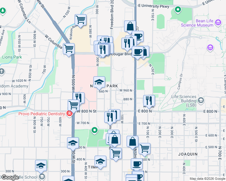 map of restaurants, bars, coffee shops, grocery stores, and more near 182 West 960 North Street in Provo