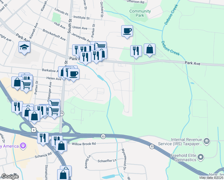 map of restaurants, bars, coffee shops, grocery stores, and more near 5 Whistler Drive in Freehold