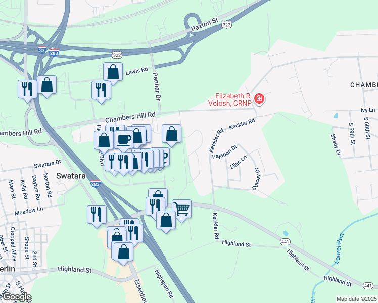 map of restaurants, bars, coffee shops, grocery stores, and more near 753 Winding Lane in Harrisburg