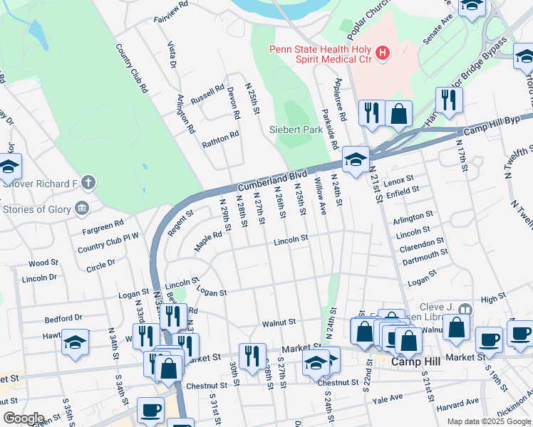 map of restaurants, bars, coffee shops, grocery stores, and more near 333 North 27th Street in Camp Hill