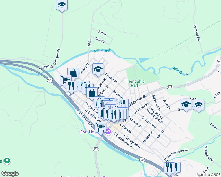 map of restaurants, bars, coffee shops, grocery stores, and more near 243 West Vincent Street in Ligonier