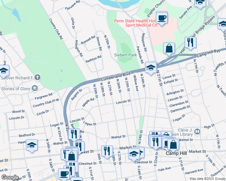 map of restaurants, bars, coffee shops, grocery stores, and more near 333 N 27th St in Camp Hill