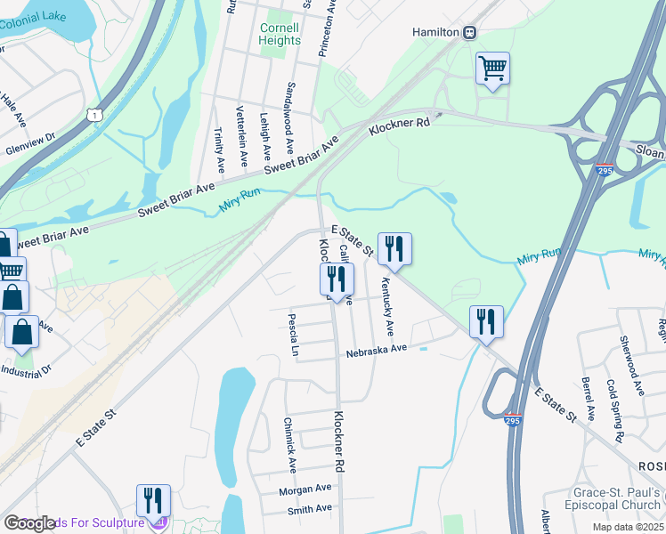 map of restaurants, bars, coffee shops, grocery stores, and more near 166 Klockner Road in Hamilton Township