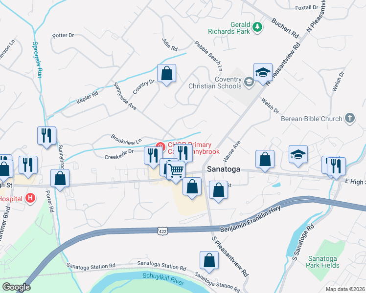 map of restaurants, bars, coffee shops, grocery stores, and more near 2128 Sunnyside Avenue in Pottstown