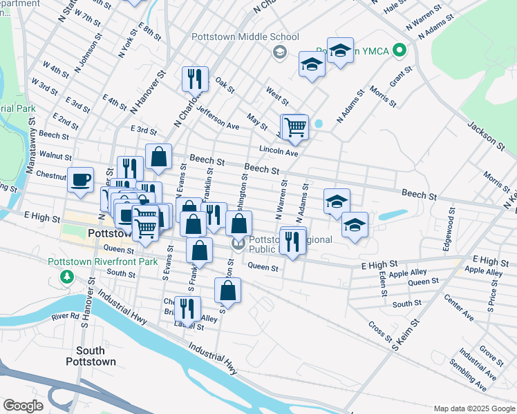 map of restaurants, bars, coffee shops, grocery stores, and more near 529 Chestnut Street in Pottstown