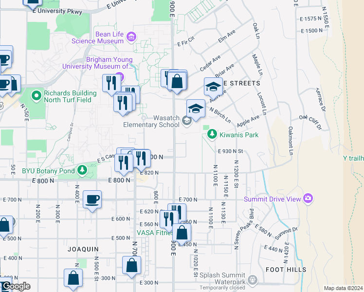 map of restaurants, bars, coffee shops, grocery stores, and more near 966 900 East in Provo