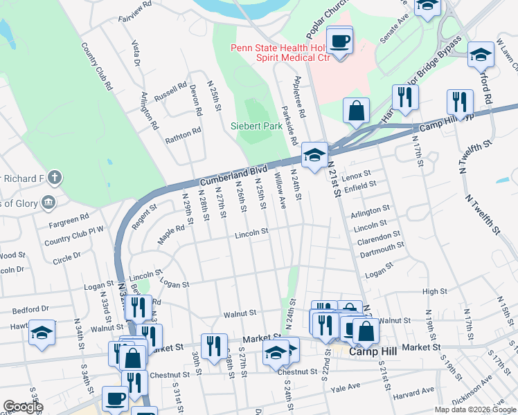 map of restaurants, bars, coffee shops, grocery stores, and more near 323 North 26th Street in Camp Hill