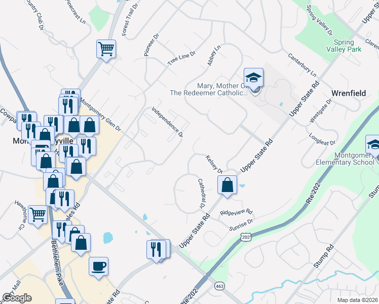 map of restaurants, bars, coffee shops, grocery stores, and more near 119 Kelsey Drive in Lansdale