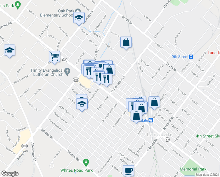 map of restaurants, bars, coffee shops, grocery stores, and more near 798 Mill Street in Lansdale