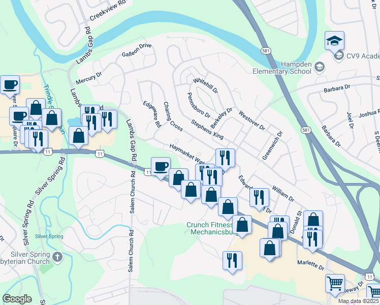 map of restaurants, bars, coffee shops, grocery stores, and more near 6152 Haymarket Way in Mechanicsburg
