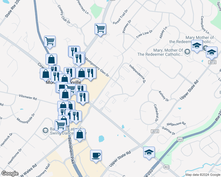 map of restaurants, bars, coffee shops, grocery stores, and more near 303 Hopkins Court in North Wales