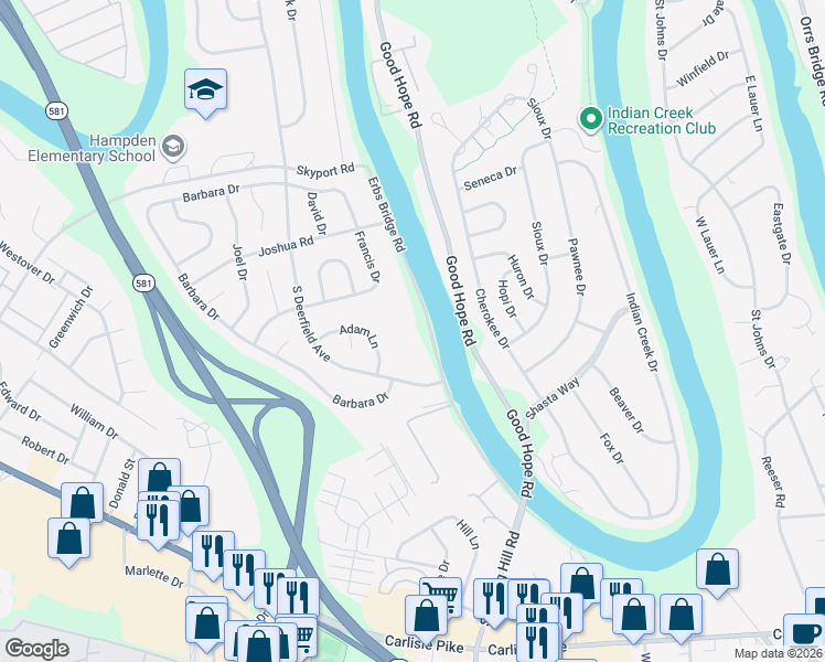 map of restaurants, bars, coffee shops, grocery stores, and more near 5112 Erbs Bridge Road in Mechanicsburg