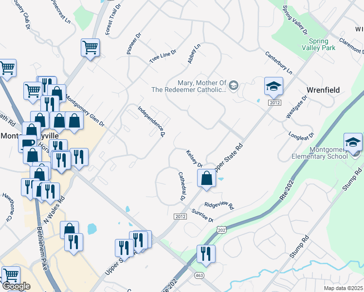 map of restaurants, bars, coffee shops, grocery stores, and more near 116 Kelsey Drive in Lansdale
