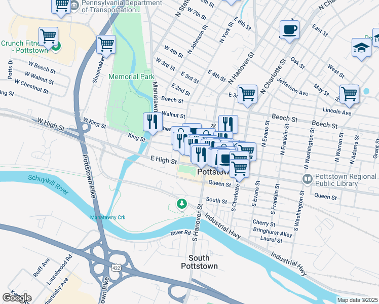 map of restaurants, bars, coffee shops, grocery stores, and more near 120 King Street in Pottstown