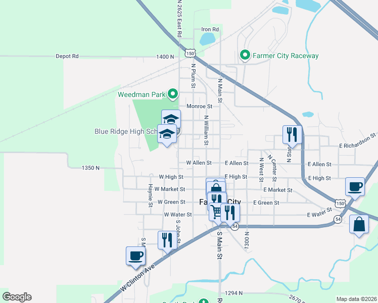 map of restaurants, bars, coffee shops, grocery stores, and more near 315 Plum Street in Farmer City