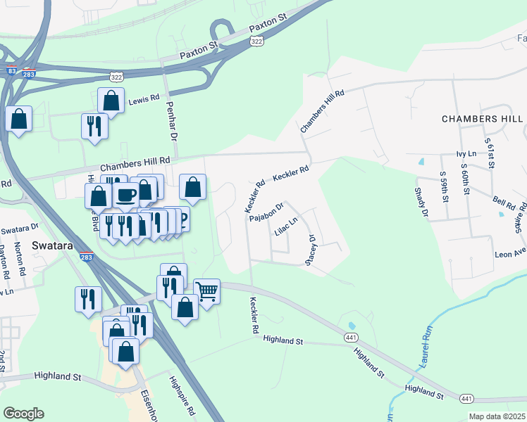 map of restaurants, bars, coffee shops, grocery stores, and more near 5014 Pajabon Drive in Harrisburg