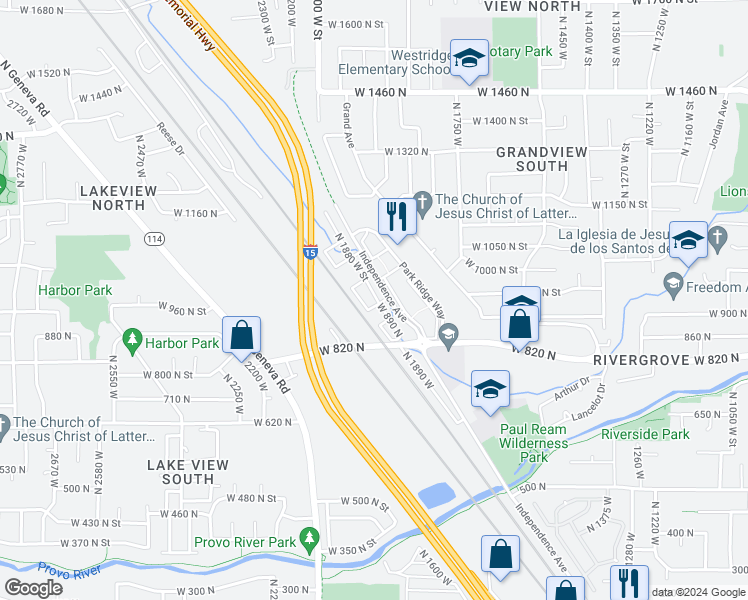 map of restaurants, bars, coffee shops, grocery stores, and more near 1892 West 960 North in Provo