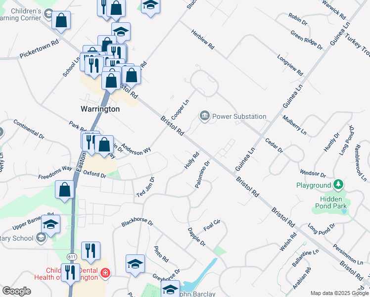 map of restaurants, bars, coffee shops, grocery stores, and more near 2193 Juneberry Court in Warrington