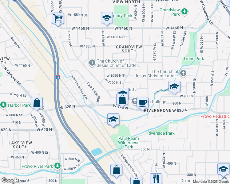 map of restaurants, bars, coffee shops, grocery stores, and more near 1621 West 950 North Street in Provo