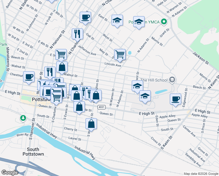 map of restaurants, bars, coffee shops, grocery stores, and more near 529 Chestnut Street in Pottstown