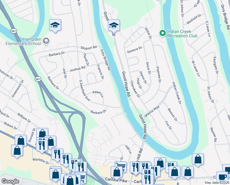 map of restaurants, bars, coffee shops, grocery stores, and more near 5112 Erbs Bridge Road in Mechanicsburg