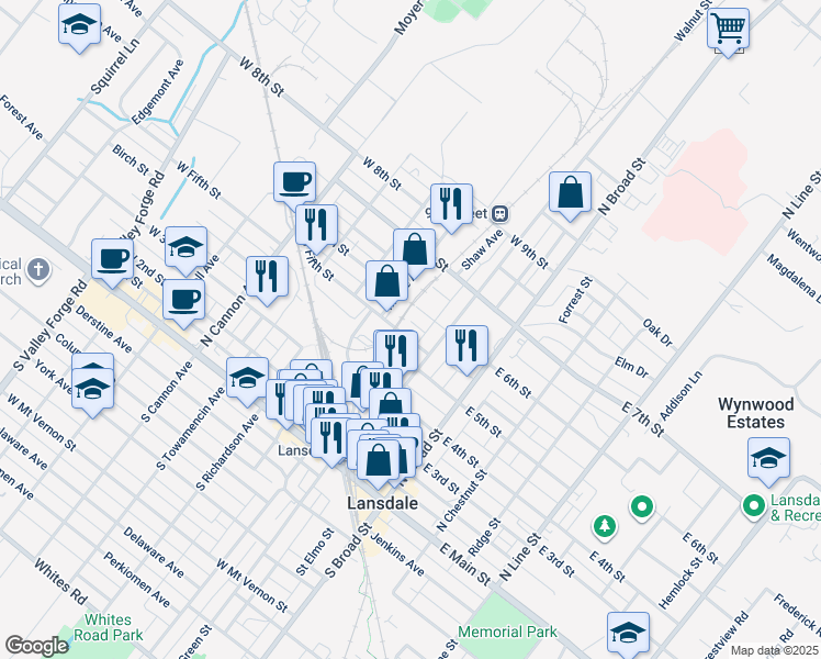 map of restaurants, bars, coffee shops, grocery stores, and more near 131 West Fifth Street in Lansdale