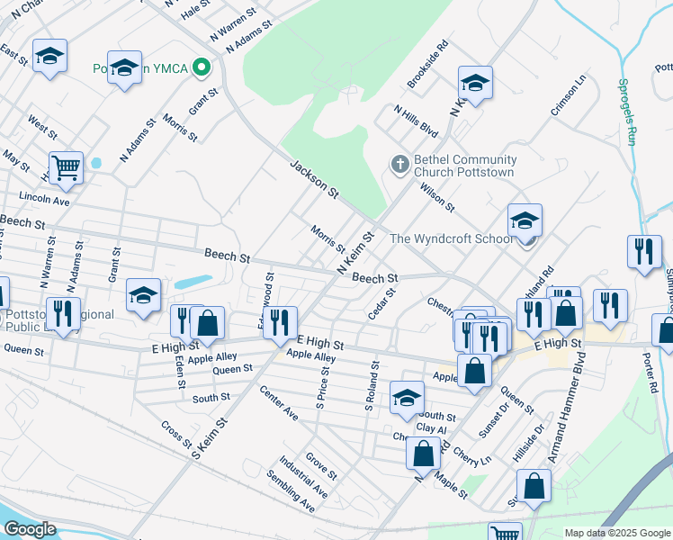 map of restaurants, bars, coffee shops, grocery stores, and more near 201 North Keim Street in Pottstown