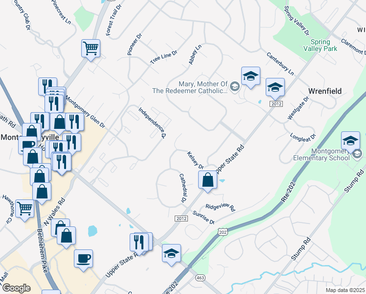 map of restaurants, bars, coffee shops, grocery stores, and more near 116 Kelsey Drive in Lansdale