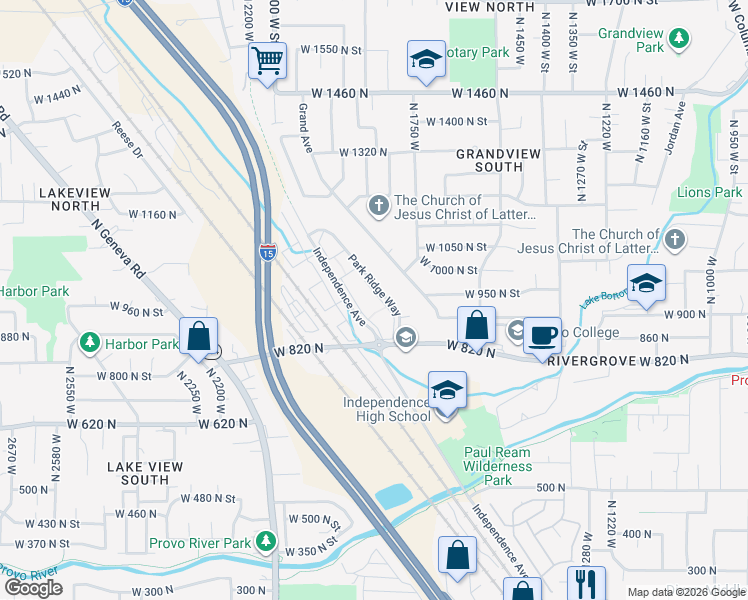 map of restaurants, bars, coffee shops, grocery stores, and more near 925 Park Ridge Way in Provo