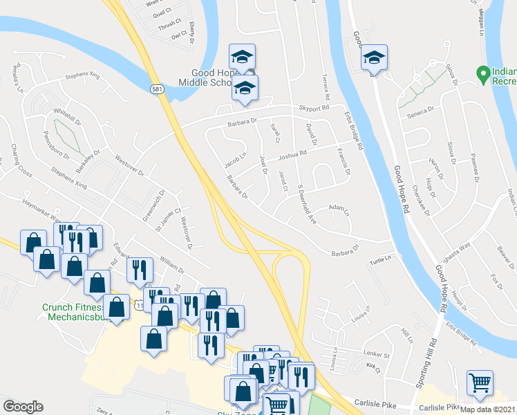 map of restaurants, bars, coffee shops, grocery stores, and more near Barbara Drive in Mechanicsburg