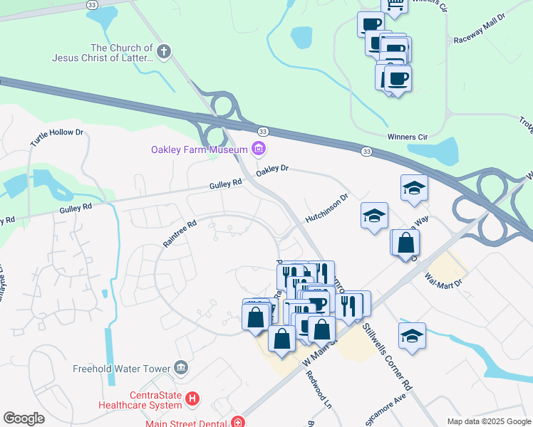 map of restaurants, bars, coffee shops, grocery stores, and more near 42 Tulip Lane in Freehold