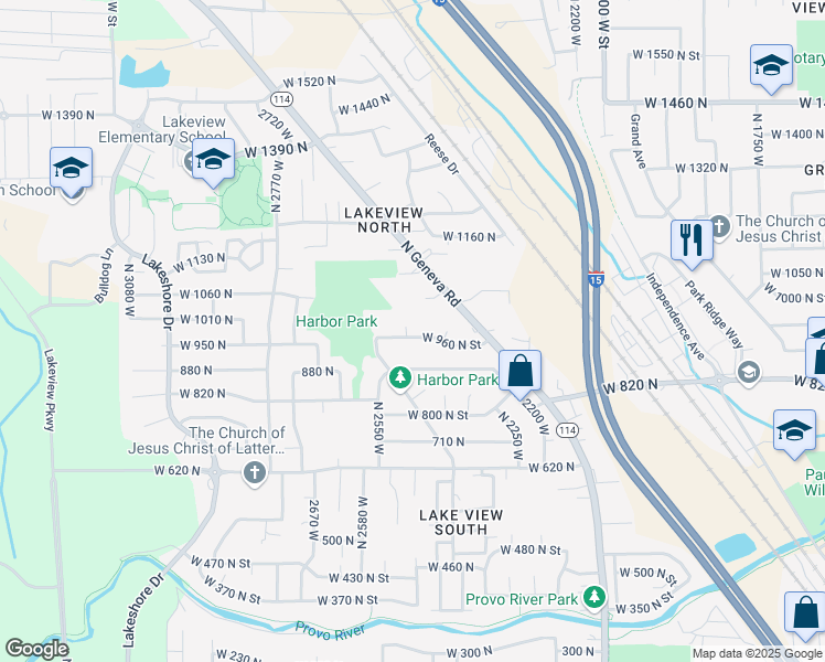 map of restaurants, bars, coffee shops, grocery stores, and more near 2462 West 960 North Street in Provo
