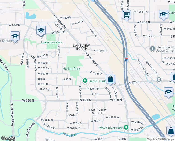map of restaurants, bars, coffee shops, grocery stores, and more near 2462 West 960 North Street in Provo
