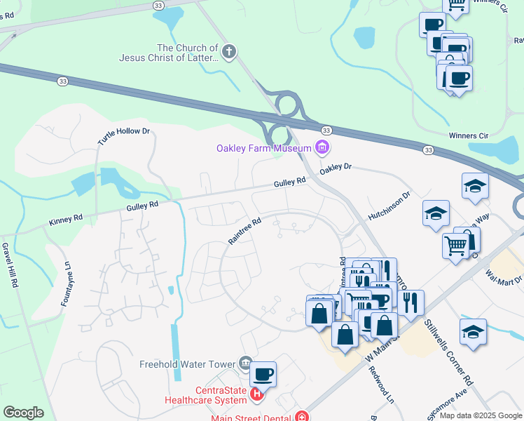 map of restaurants, bars, coffee shops, grocery stores, and more near 171 Tulip Lane in Freehold
