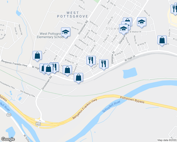 map of restaurants, bars, coffee shops, grocery stores, and more near 11 West Vine Street in Pottstown