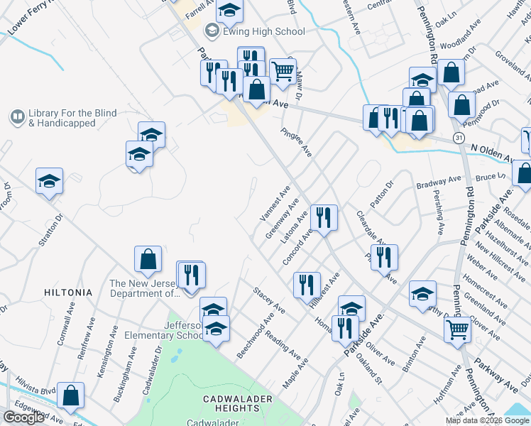 map of restaurants, bars, coffee shops, grocery stores, and more near 421 Greenway Avenue in Ewing Township