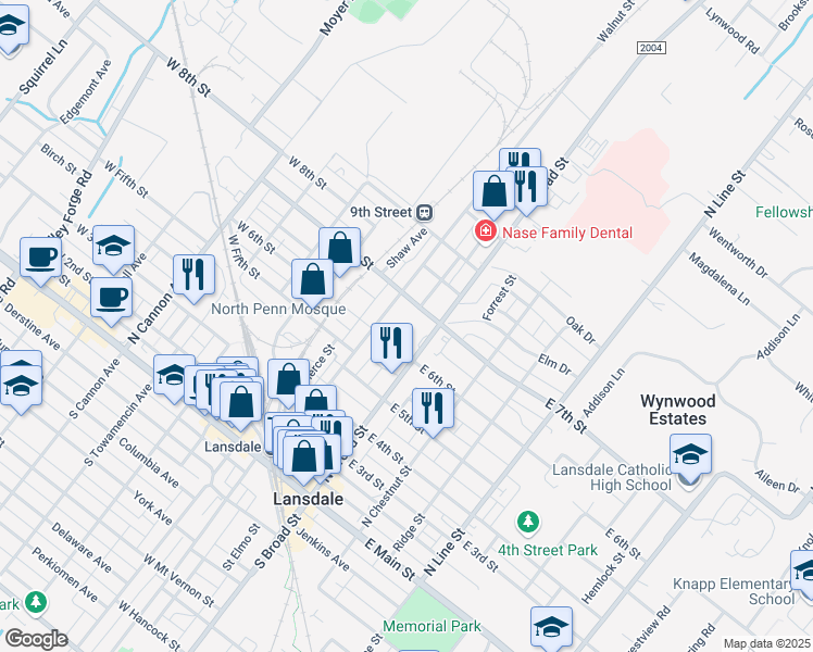 map of restaurants, bars, coffee shops, grocery stores, and more near 27 West 6th Street in Lansdale