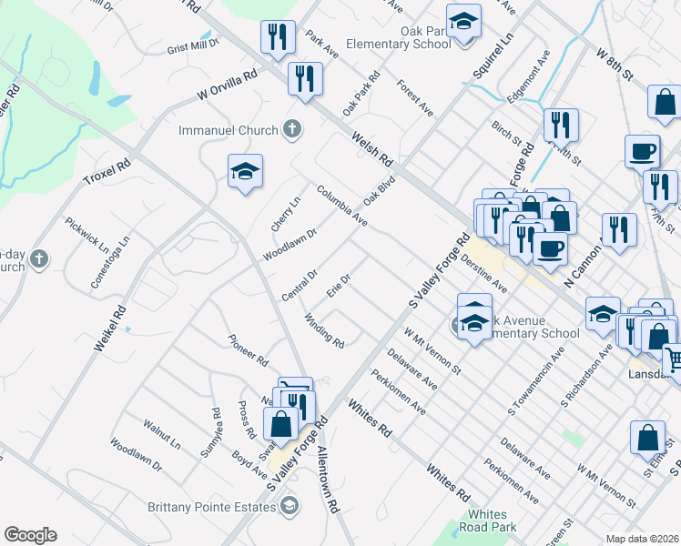 map of restaurants, bars, coffee shops, grocery stores, and more near 323 Erie Drive in Lansdale