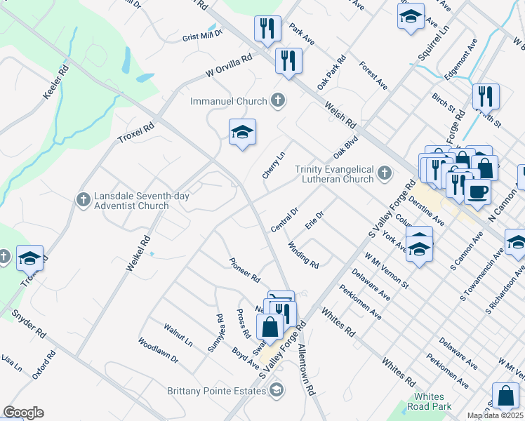 map of restaurants, bars, coffee shops, grocery stores, and more near 1207 Allentown Road in Lansdale