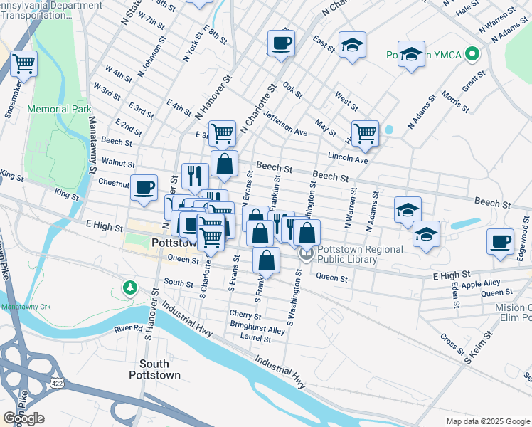 map of restaurants, bars, coffee shops, grocery stores, and more near 355 King Street in Pottstown