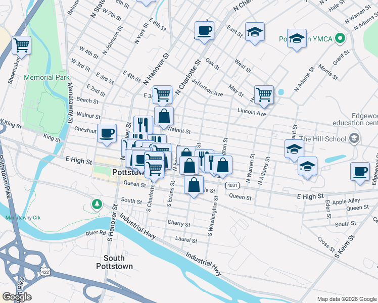 map of restaurants, bars, coffee shops, grocery stores, and more near 355 King Street in Pottstown