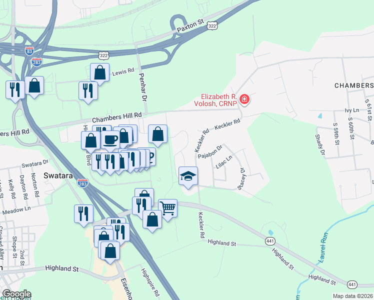 map of restaurants, bars, coffee shops, grocery stores, and more near 741 Keckler Road in Harrisburg