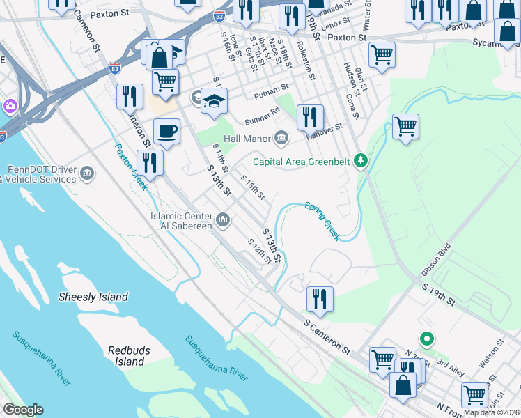 map of restaurants, bars, coffee shops, grocery stores, and more near 1445 South 13th Street in Harrisburg