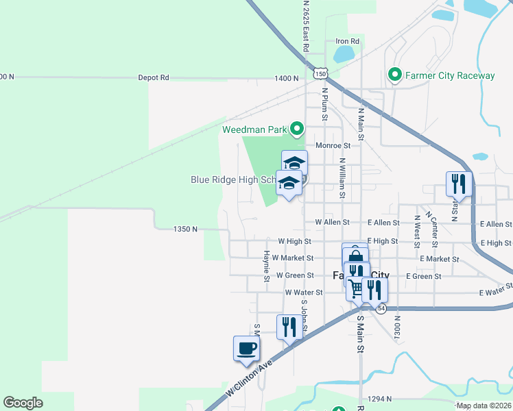 map of restaurants, bars, coffee shops, grocery stores, and more near 8 Crabtree Court in Farmer City